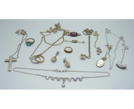 Five silver pendants and chains, a silver necklet, two other pendant and chins, one silver ring, etc. 
