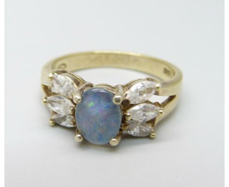 A silver gilt triplet opal and white stone set dress ring, S 