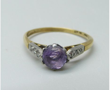 An 18ct gold, platinum set amethyst and diamond ring, 2.2g, N 