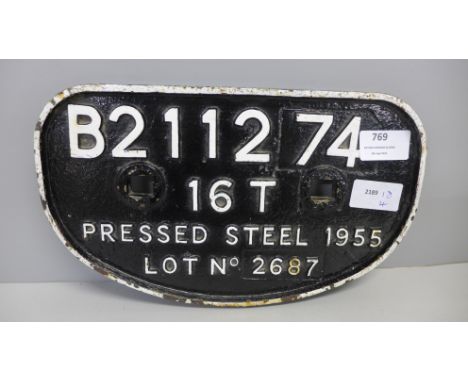 A railway engine plaque, 3211274, 16 Tons, 1955 