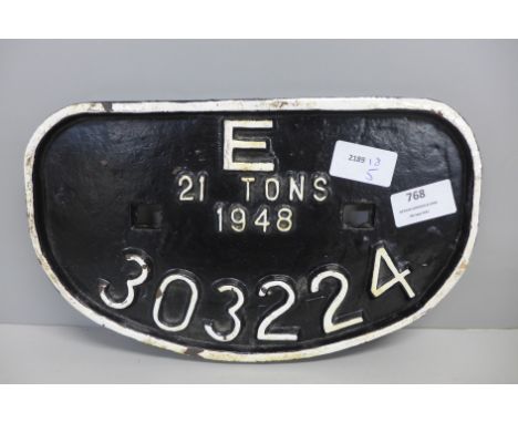 A railway engine plaque, 303224, 21 Tons, 1948 