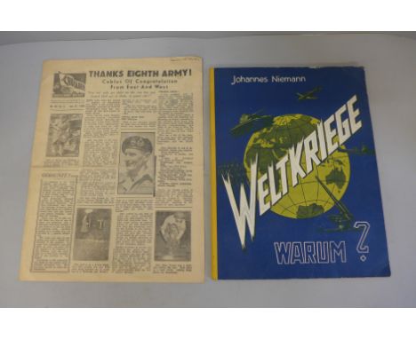 One volume, Weltkriege Warum, Johannes Niemann and Thanks Eigth Army, newspaper 