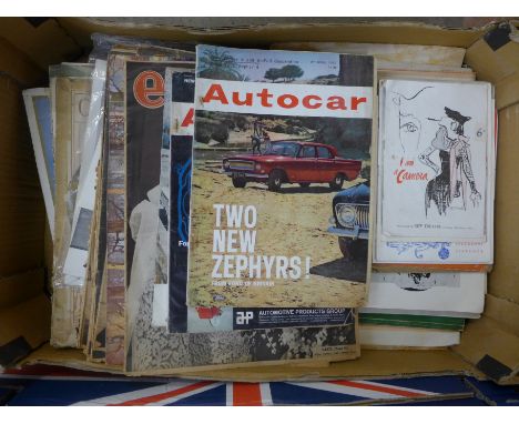 A box of magazines and ephemera, Autocar, Everbody's Practical Mechanics, Aeroplane and Woman magazines, mid 20th Century, pl