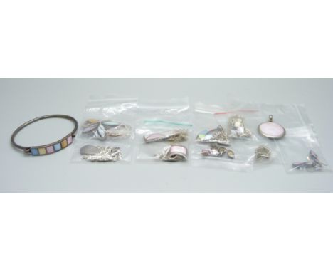 Silver jewellery including pendants and chains, three pairs of earrings, bangle, etc. 