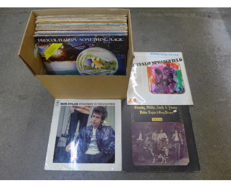 LP records, prog rock and folk, Neil Young, Crosby, Stills, Nash and Young, Bob Dylan, etc., 25 in total 