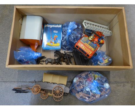 A collection of Playmobil; fire engine and firemen, Police motor cycle and rider, racing car and figures and others 