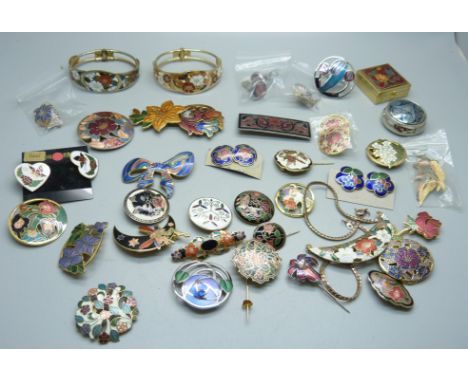 A collection of gold tone and enamel jewellery and two pill boxes 
