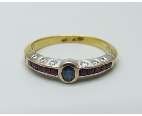 An 18ct gold, ruby, sapphire and twelve diamond designer ring, 3.4g, N 