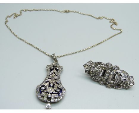 A silver paste and enamel pendant and chain, and a silver paste double clip brooch 