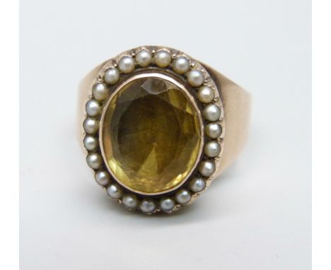 A yellow metal, seed pearl and citrine set ring, 5.2g, R 