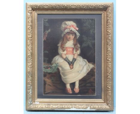 After Sir John Everett Millais (1829-1896) 'Cherry Ripe' portrait study of a seated young girl. Oleograph, in ornate gilt fra