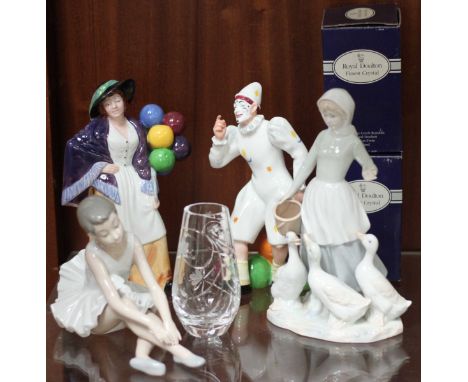 Two Royal Doulton ceramic figures, 'The Joker HN2252' and 'Balloon Lady HN2935' together with a NAO figure of a ballerina, a 