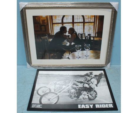A black and white print of Easy Rider showing Dennis Hopper, Peter Fonda and Jack Nicholson, together with a glazed and frame