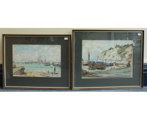 P.K.Truckle (20th century) Two watercolour studies, one a Portsmouth harbour side scene, the other of a church, together with