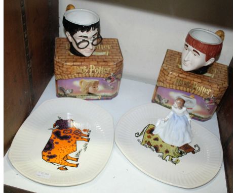 SECTION 32. A Royal Doulton ceramic figure of a girl 'Andrea HN.3058' together with two Beefeater plates and four ceramic Har