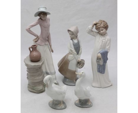 SECTION 31.  Five Nao by Lladro figures of a lady with jug, girl with basket of fruit, child with slippers and two geese, the
