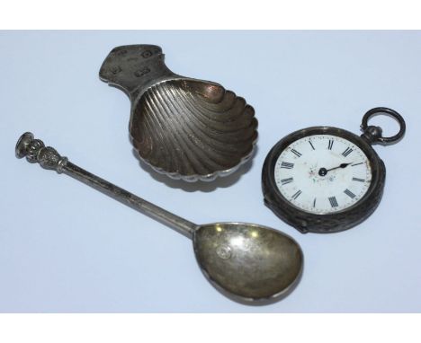 A silver, shell moulded caddy spoon by Douglas Pell and a silver tea spoon, together with a small open-face silver pocket wat