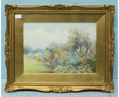 Reginald West (British school, early 20th century) landscape study of plants and trees by a field, signed, watercolour, toget