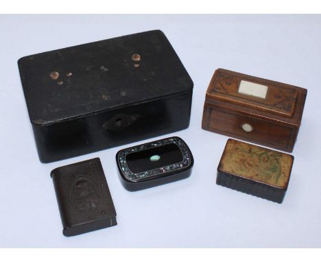 Two Victorian papier-mache rectangular snuff boxes, together with an Edward VII Bakelite vesta case, small walnut box and lar