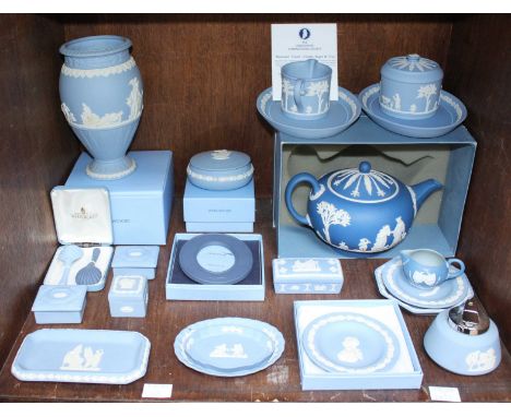 SECTION 46. A collection of assorted Wedgwood Jasperware items including a vase, a kettle, a boxed commemorative Concorde pic