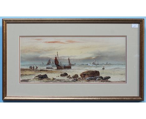 W H Earl? (Early 20th Century) Shoreline scene with figures in the foreground and boats at sea. Signed, watercolour. Mounted,