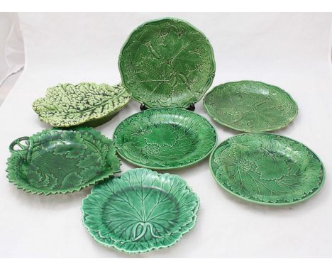 Seven assorted leaf moulded ceramic plates, including two by Elkin Knight & Co, one Wedgwood and one by Sarreguemines, togeth