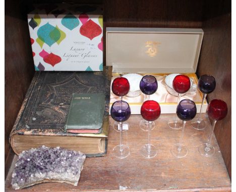 SECTION 48.  A set of eight coloured liqueur glasses by Whittard of Chelsea, together with an amethyst geode, Noritake cased 