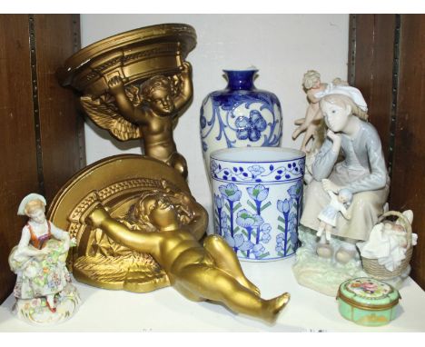 SECTION 25. An assortment of mixed ceramic items including a Lladro figure of a seated girl, two gilt plaster wall brackets m
