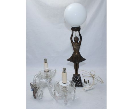 An Art Deco bronzed figural lamp modelled as a girl holding aloft a globular glass shade, 54cm high, together with a glass tw