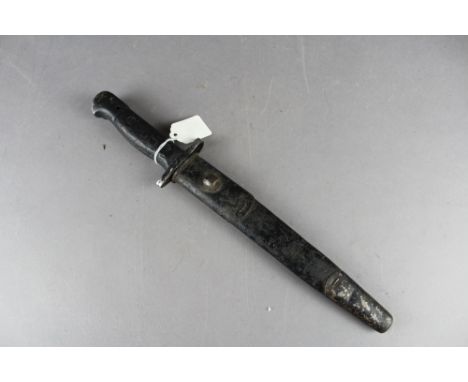 1907 Wilkinson bayonet cut down to trench knife having clip point blade. Held within cut down scabbard