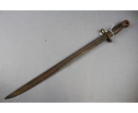 A 1907 pattern bayonet (A/F) lacking scabbard marked to blade "Wilkinson". Bayonet missing one wooden grip, heavily pitted an