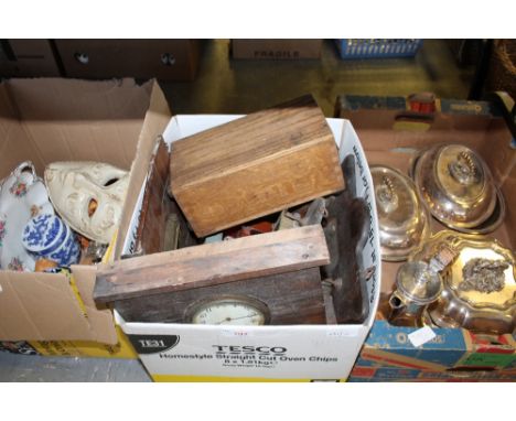 Box of misc. items, testing machines, Scotch hands, etc.