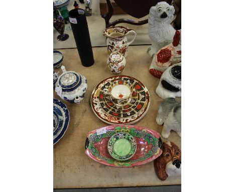 Crown Derby style teawares, Masons plate, jug and ginger jar, Maling dishes