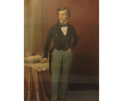 A 19th century gilt framed full length watercolour portrait of a young man, 24 x 36
