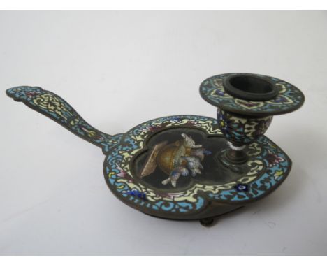 A 19th century Pietra Dura and cloisonné chamber stick decorated with doves drinking from an urn with cloisonné handle and bo