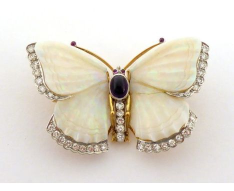 A mid 20th century precious opal, amethyst and diamond butterfly brooch, the carved opal wings with platinum set single cut d