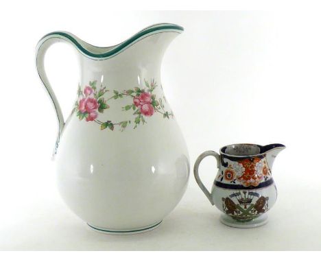 A 19th. century transfer printed ironstone armorial baluster jug with sparrow beak spout bearing the arms of Plymouth with li