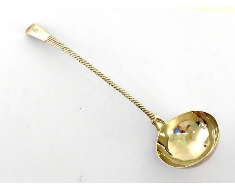 An unusual George III silver soup ladle by John Lambe, London, probably 1780, Old English pattern with spiral twist stem, mak