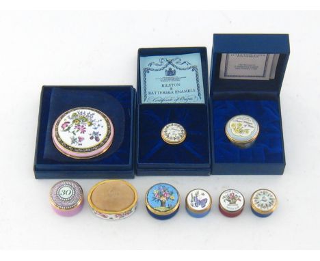 Halcyon Days. A pin box, 60 mm. diameter., three oval boxes, a tall box, 40mm. diameterx45mm. high., and a folding travelling