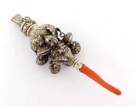 An early Victorian silver child's rattle and whistle by George Unite, Birmingham, 1839, chased with "C" scrolls, flowers and 