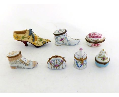 Limoges. Two hand painted Limoges miniature boxes in the form of ladies shoes, each with Limoges France green stamp and “pein