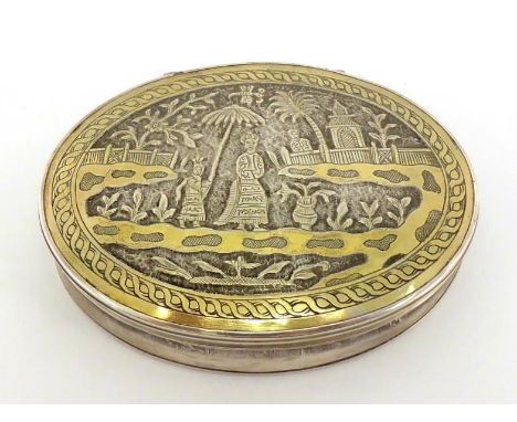 An early 18th century parcel-gilt silver oval snuff box with stand-away hinge, unmarked, circa 1720, the cover nicely chased 