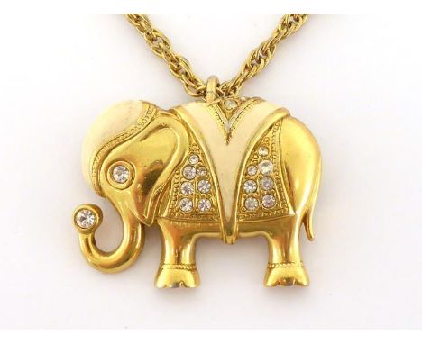 Kenneth Jay Lane, 'KJL of Avon', a gilt metal, enamel and paste elephant pendant, to a fancy link chain, 40cm long, together 