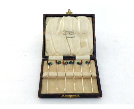 A set of 6 silver and enamel cocktail sticks by Barker Brothers Silver Ltd., Birmingham, 1930, in fitted boxOverall good cond