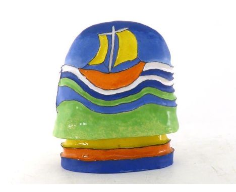 Maggi Giles (born 1938). A joyful ceramic toadstool in vivid colours of a sailing ship at sea, the other side a girl inside a