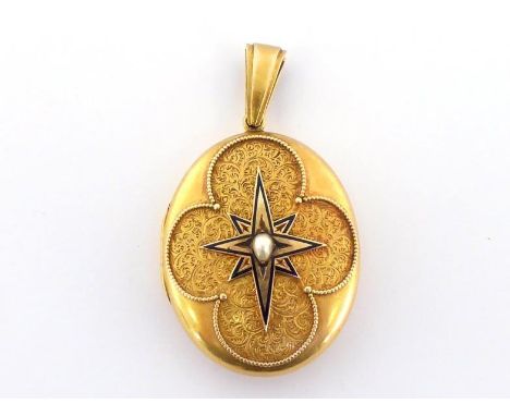 A late Victorian gold, enamel and pearl locket, the oval locket finely chased with arabesque design within a quatrefoil carto