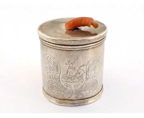 A rare late 17th century silver bougie box, maker's mark only MB conjoined and crowned, untraced, circa 1690, front engraved 