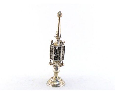 Judaica:- a Victorian silver spice tower by Abraham Frakman, London, 1892, with hexagonal filigree body, plain steeple with b