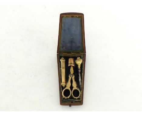 A Continental 4-piece sewing set, probably French, mid-19th century, comprising silver-gilt scissors with detachable case and
