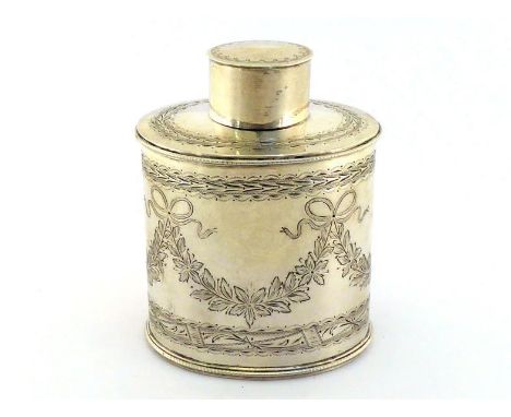 A Danish silver tea caddy, assay master's mark of Christian F. Heise, Copenhagen, 1908, oval cylindrical form with bead borde